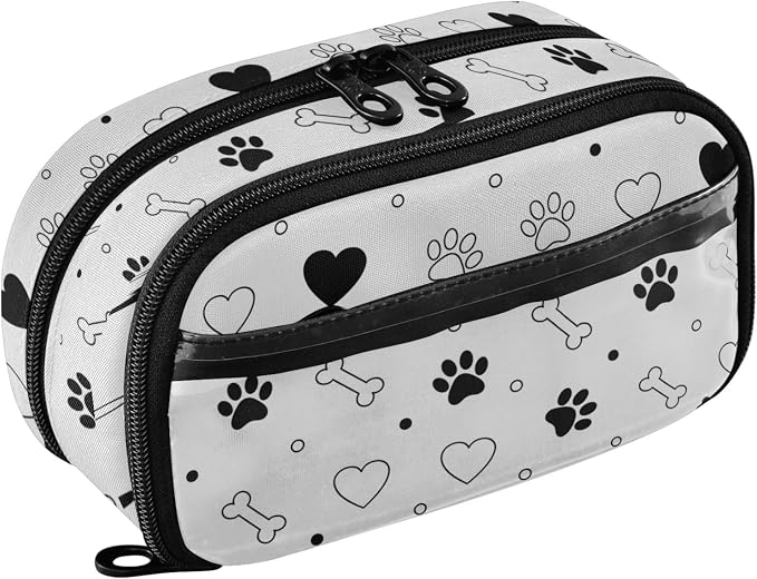 Pet Valentines Paw White print Large Capacity Pencil Case with Zipper Water Resistant Portable Organizer Pen Bag for Students Office School
