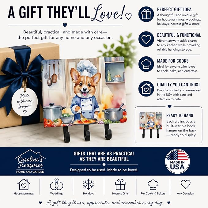 Caroline's Treasures Corgi The Chef Leash or Key Holder Wall Hooks, Key Hooks Holder, Coat Rack Wall Mount, Coat Hooks, Hooks for Hanging Keys, Towels, Aprons, Leashes | Corgi The Chef artwork on ceramic tile with three steel hooks for keys, leashes, t...