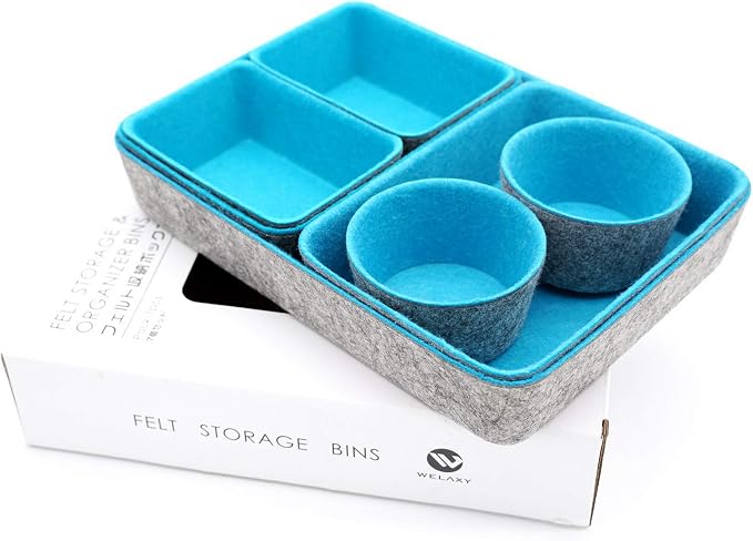 Welaxy Drawer organizers bins felt tray desk storage bins dividers small organizing box for office supplies closet cabinet makeup holder Fall room decor 7-piece (Turquoise)