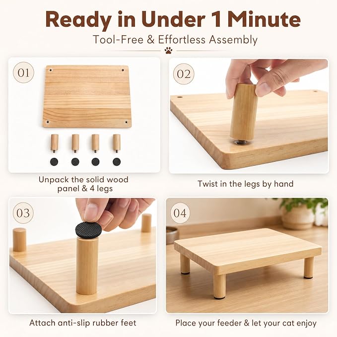 Elevated Cat Food Stand for Automatic Feeder, 2.4" Raised Cat Bowl Stand | Pet Food Station for Neck & Joint Care, Waterproof Solid Wood Cat Feeder Stand, Cat Food Table with Non-Slip Feet