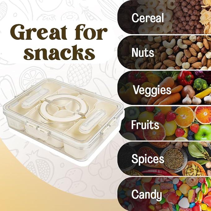 Snackle Box with Lid and Handle – Divided Snack Tray Organizer, Snack Organizer with Spoon & Fork for Travel, Charcuterie, Candy, Parties & Meal Prep