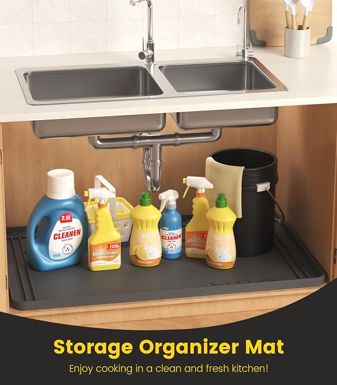 Under Sink Mats for Kitchen Waterproof 34"x22",Grey | Cut to Fit Design for Various Sizes, Leak-Proof Cabinet Protection,Durable Silicone Material,Versatile Home Use