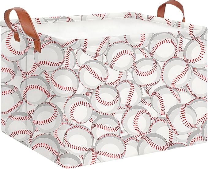 CLOCOR Rectangular Storage Basket,Collapsible Cute Pattern Storage Bin,Waterproof Books Box with Handles,Gift Basket(Big Baseball)