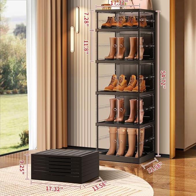 CIMLORD 5-Tier Foldable Shoe Rack Organizer for Boots, 10 Pairs, Black | Collapsible Narrow Plastic Shoe Cabinet Storage, Fits Tall Boots, Stackable with Lids, Easy Assembly, for Closet & Entryway