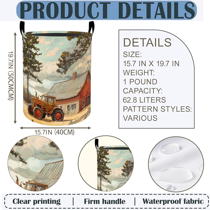 Vintage Tractor Laundry Basket Hamper 19.7"x15.8", Countryside Foldable Waterproof Oxford Clothes Storage Bucket for Room Bathroom Bedroom Nursery Decor, Toy Organizer Bins Gifts for Kids Boys Girls