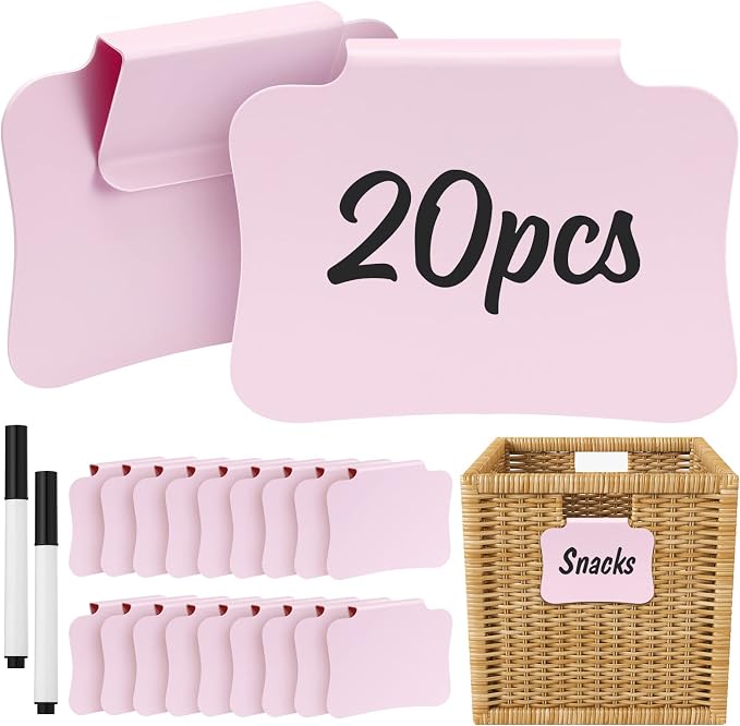 20PCS Basket Labels Clip On, Removable Plastic Bin for Storage Bins, Pantry Organization and Storage Hanging Tags for Basket Cube Box, in Pink
