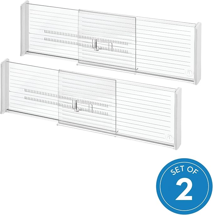 iDesign Plastic Adjustable Drawer Dividers, Clear, Set of 2 | Kitchen, Dresser, Desk Drawers