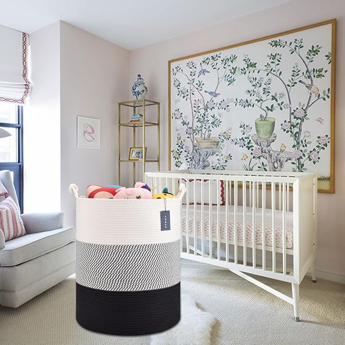 COMSE Tall Woven Blanket & Laundry Basket, 72L, White & Gray & Black | 15.7”x 21.7”, Cotton Rope, Large Nursery Hamper for Storage of Toys Clothes Towels, Great for Living Rooms Bedrooms Bathrooms