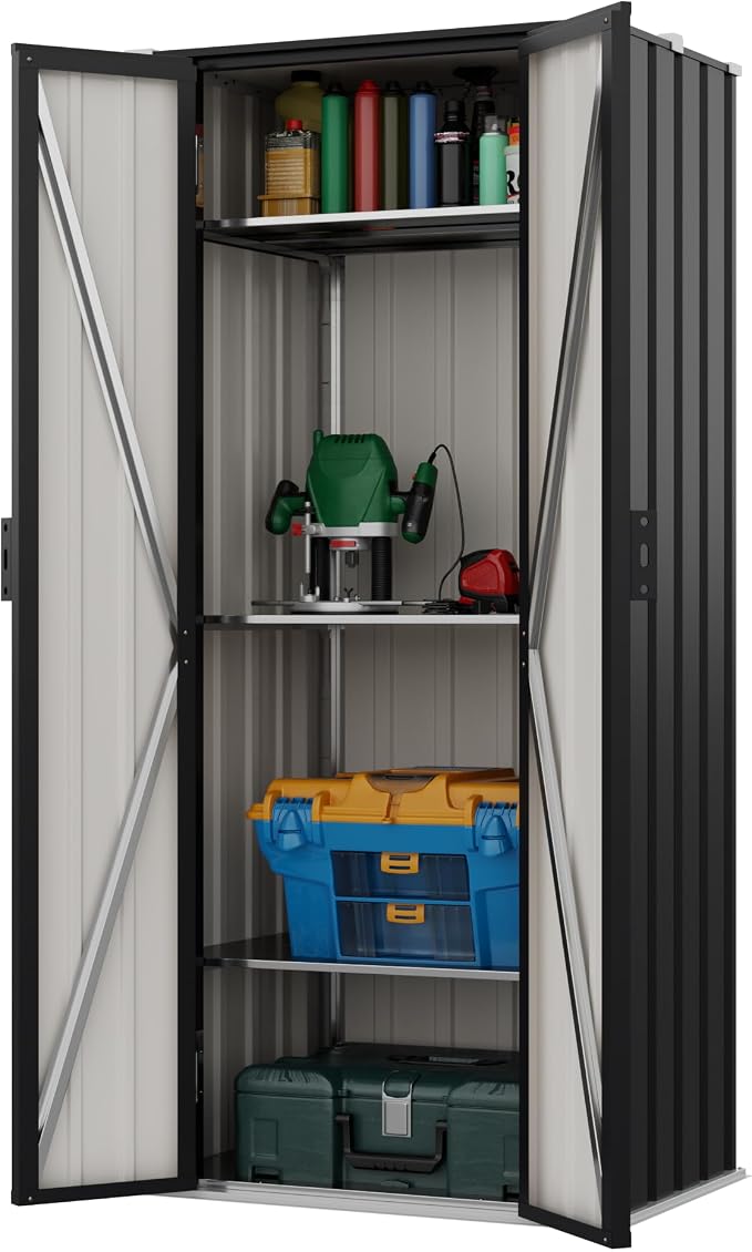 Devoko 28 CU FT Storage Cabinet, Metal Storage Shed with 3 Adjustable Shelves, for Patio Garden Backyard, Black