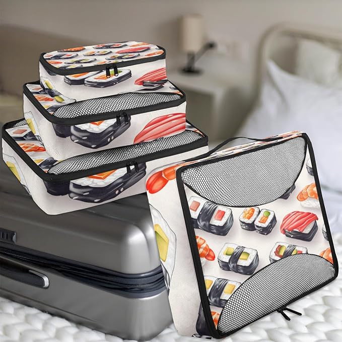 Colorful Sushi 4 Set Travel Packing Cubes for Accessories, Suitcase Organizers Luggage Bags Set with Double Zippers & Mesh Top