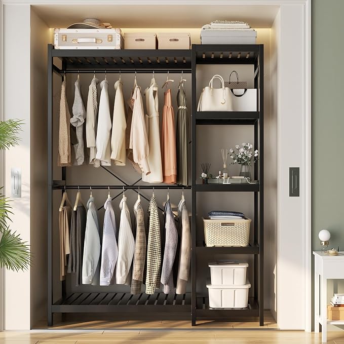 Bamboo Closet System Set of 2, 41.4” Wide Clothing Rack, Dark Black | Freestanding Clothes Rack with 14 Adjustable Shelves, 4 Rods, 8 Hooks, Open Wardrobe Organizer, Wood Garment Rack for Bedroom