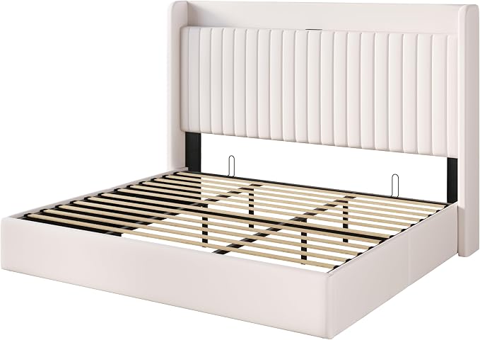 SHA CERLIN King Size Lift Up Storage Bed Frame, Charging Station, White | Storage Headboard with Charging Station, USB, Type-C Port Velvet Hydraulic Storage Bed No Box Spring Needed Noise Free