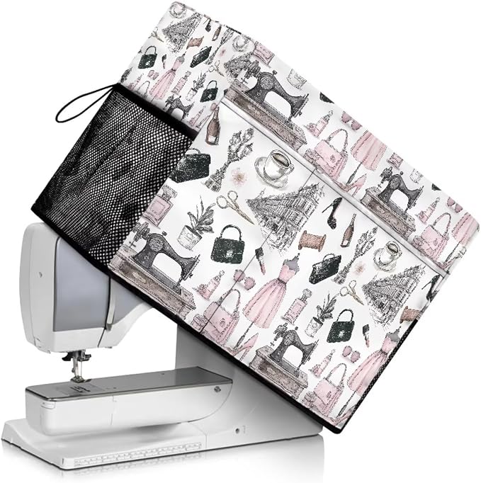 Vintage Sewing Element Sewing Machine Cover with Storage Pockets,Dust & Pet Hair Protection,Fits Standard Singer, Brother and Janome Machines Gifts