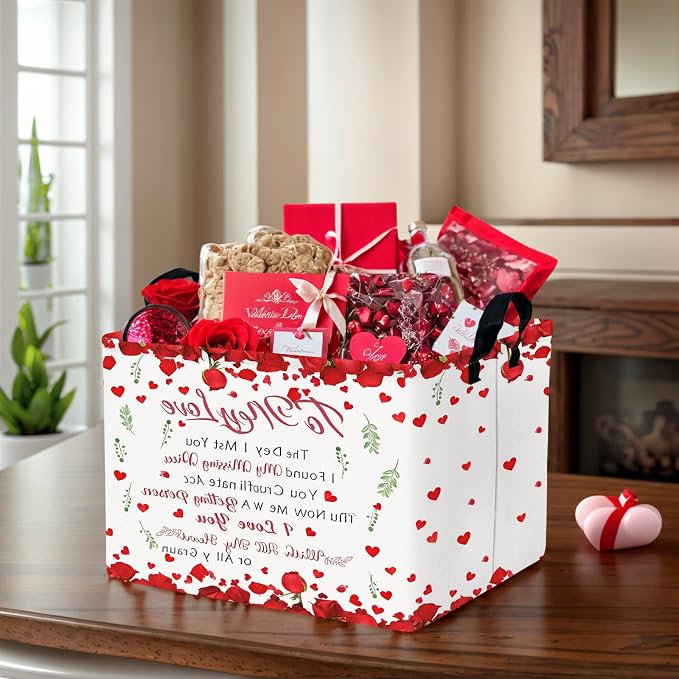 Cute Large Valentine's Day Gift Basket Empty Heart Decor Storage Bin for Kid Baby Room Décor (Rose Petals Love)