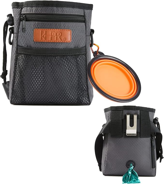 Dog Treat Training Pouch with Built-in Poop Bag Dispenser, Dark Grey | Easily Carries Pet Toys, Kibble, Treats, 3 Ways to Wear, Foldable Silicone Bowl, Quick One-Hand Access for Dog Walks & Hiking