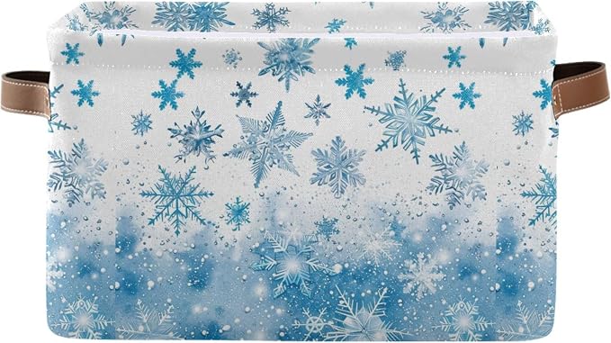 Winter Snowflake Blue Storage Basket with Waterproof Liner and PU Handles White Christmas Holiday Xmas Storage Boxes 14.2" Collapsible Decorative Organizer Baskets for Bedroom Closet Office 1 Pack