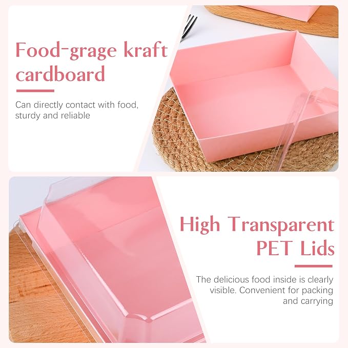 ZORRITA 100 Pack 5 Inch Paper Charcuterie Boxes with Clear Lids, Pink | Small, Square, To Go Food Containers, Bakery Boxes, For Mini Cake, Desserts, Cookies, Sandwiches, Strawberries