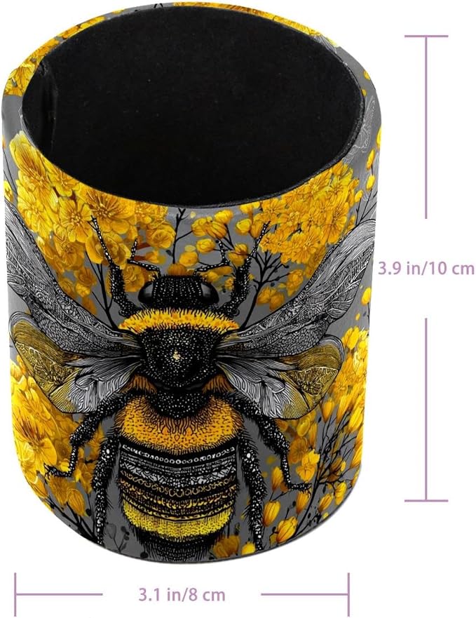 Faux Leather Pen Holder for Desk, Pencil Organizer Retro Bee Pen Cup Desk Decor Makeup Brush Holder Storage for Office Home