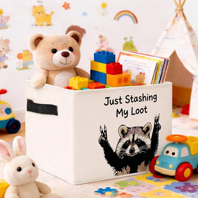 Funny Raccoon Foldable Fabric Storage Bin | Just Stashing My Loot design for kids toys, clothes & books