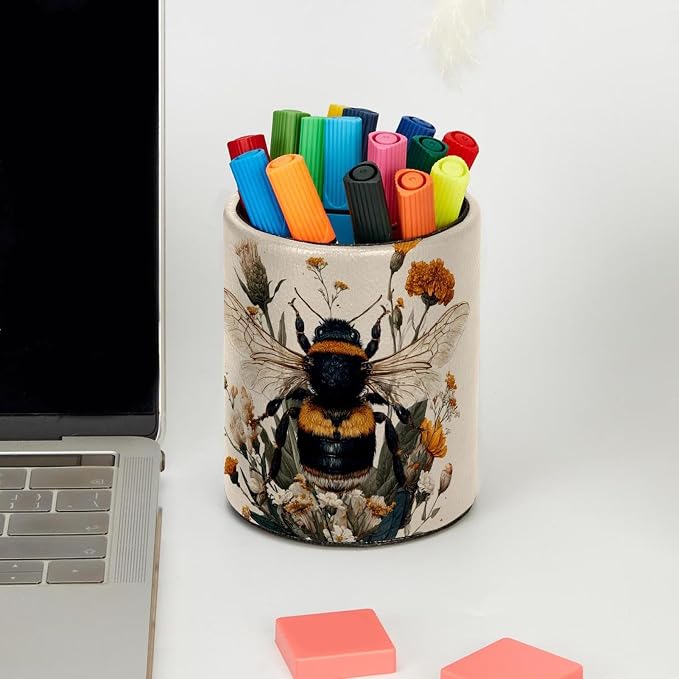 Faux Leather Pen Holder for Desk, Pencil Organizer Cute Bee Pen Cup Desk Decor Makeup Brush Holder Storage for Office Home