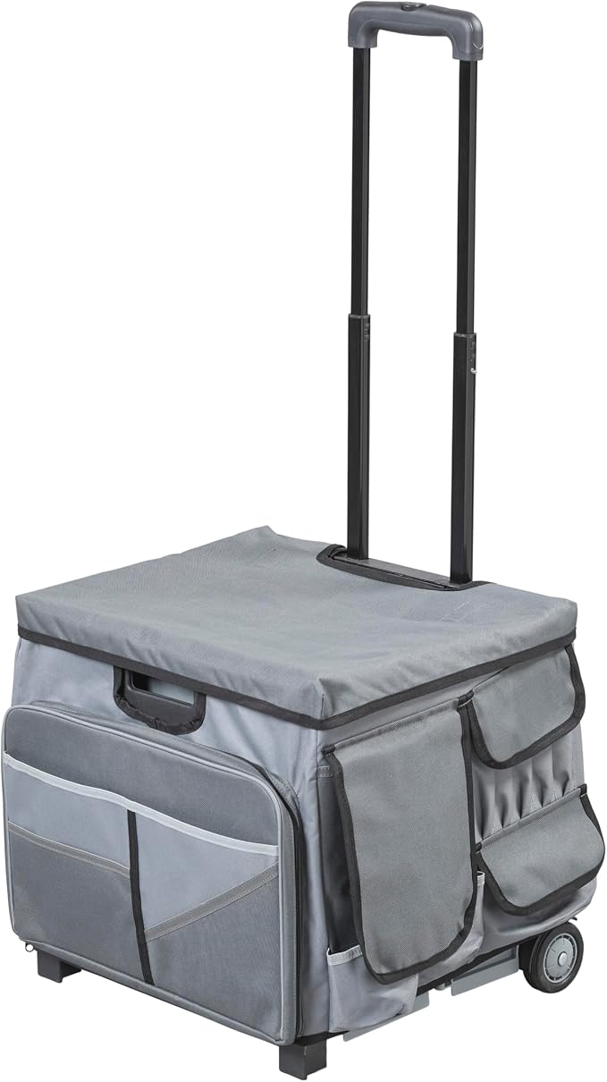 Folding Mobile Utility Cart, Canvas Organizer Bag, Dark Grey/Grey | Durable plastic, 30 compartments, adjustable handle, 40 lb capacity, collapses to 3" thick, rolling wheels for easy transport