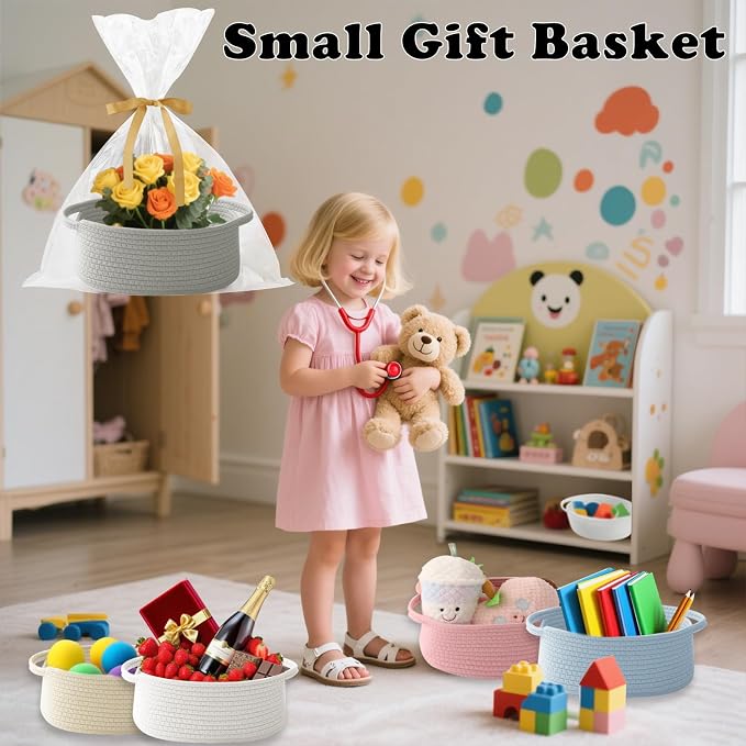 Grey Woven Rope Basket - Baby Gift Basket with Bag & Ribbon | Cotton rope with handle, 12 x 8 x 5 in, gift bag and ribbon, for baby shower, birthday, toy storage, nursery, shelf decor