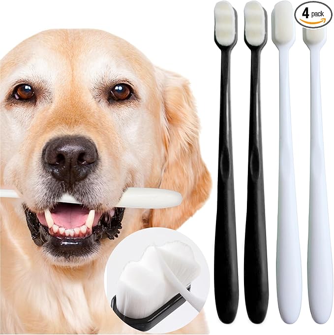 Dog Toothbrush Kit 4 Pack, Ultra Soft Dog Tooth Brush for Medium to Large Dogs & Cats, Pet Tooth Brushing Kit for Easy Dental Cleaning, Soft Bristles, 2 Black Wave Head & 2 White Flat Head