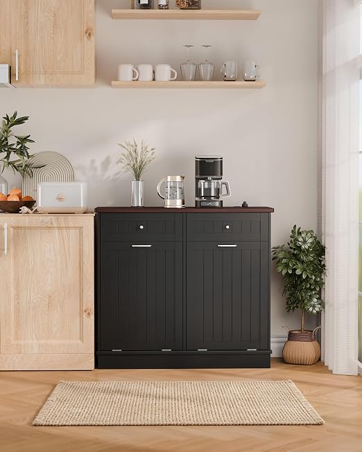 Betterhood Double Tilt Out Trash Cabinet with Power Outlet & USB, Hidden Garbage Can Holder with 2 Storage Drawers, Wooden Laundry Hamper for Kitchen, Bathroom, Living Room, Black
