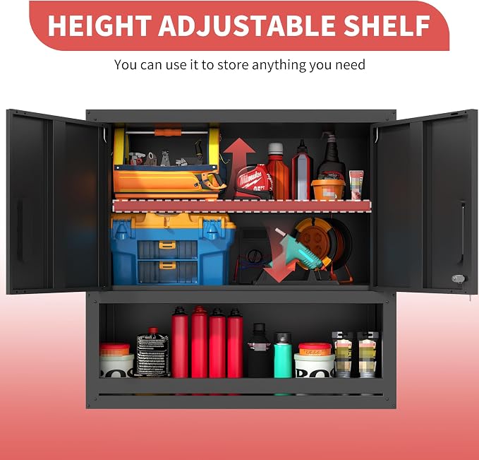 Garage Wall Cabinet with 2 Locking Doors and Shelf Metal Storage Cabinet | Wall Mounted Heavy Duty Steel Tool Cabinet Hanging Cabinet for Garage Warehouse Bathroom Kitchen,Assembly Required