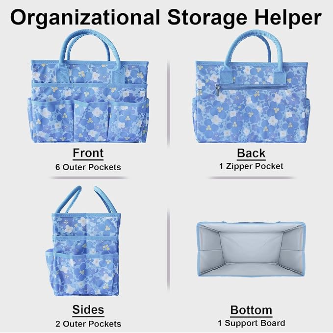 Cupohus Craft Organizer Bag, Blue Print Art Supply Tote with Multiple Pockets | Portable Storage Tote for Scrapbooking, Journal, Sewing, Oxford Fabric Carrying Caddy for Teacher, Officer, Artist