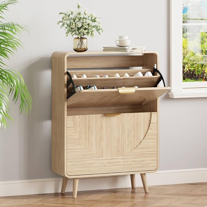 Shoe Storage Cabinet with 2 Flip Drawers for Entryway, 27.5" Freestanding Hidden Shoe Rack Cabinet, Narrow Shoe Organizer for Hallway, Foyer, Oak