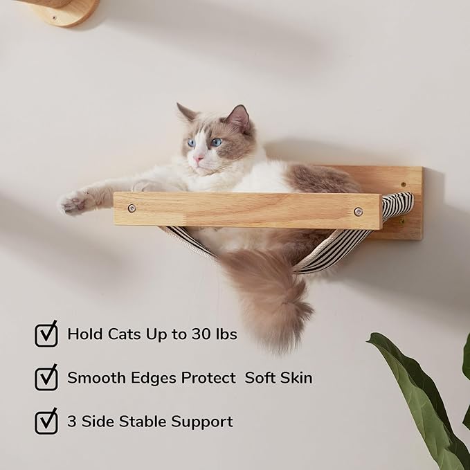 FUKUMARU Hammock Wall Mounted Cat Beds and Perches | Wooden Kitten Walls Furniture, Stable Cats Shelves, For Sleeping, Playing, Climbing, Lounging, Black Stripe