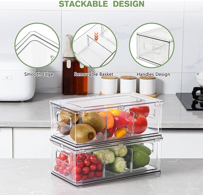 3.7QT Refrigerator Fridge Organizers Storage Bin with Pull-out Drawer,2 Pcs | Plastic Fridge Organizers and Storage with Handle, Stackable Fruit Vegetable Storage Containers for Kitchen Bathroom Pantry