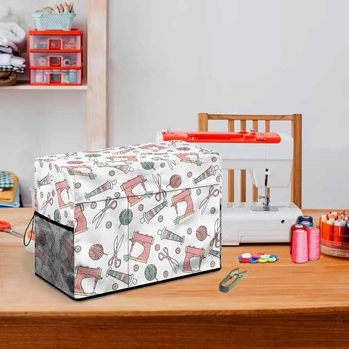 Sewing Machine Cover,Protective Cover with Side Handle and Sewing Essentials Pockets,Dust & Pet Hair Protection,Fits Standard Singer & Brother Machine Sewing Machine Wool Ball Print
