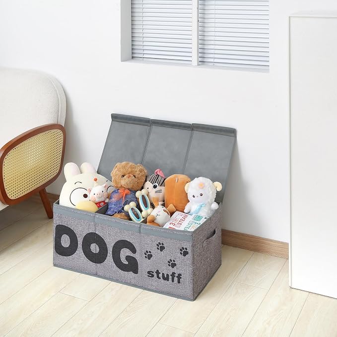 Qozary Dog Toy Storage Box - 3 Grids Large Dog Toy Basket and Storage Bin With Lid for Pet Supplies, Perfect To Keep Everything Organized