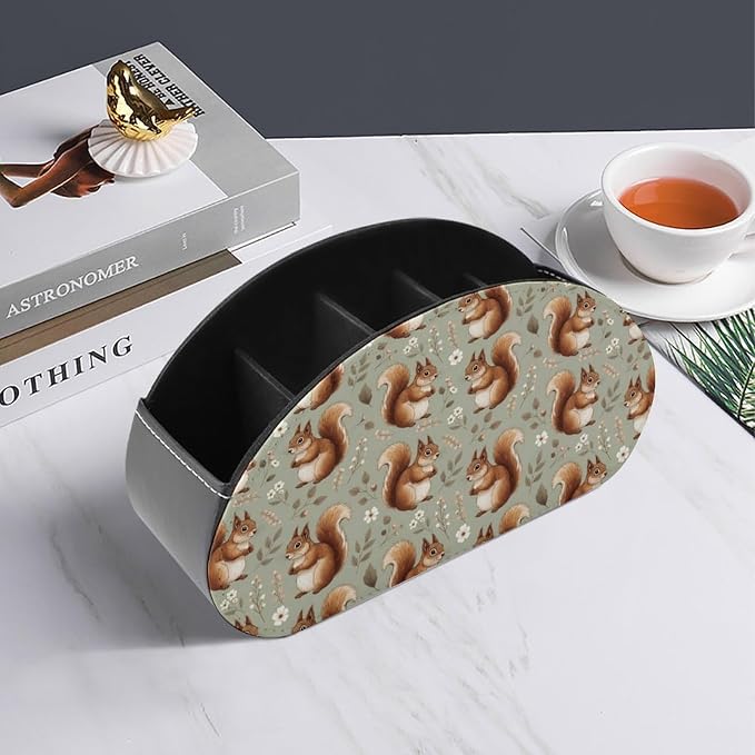 Pu Leather Remote Control Holder Box Squirrel Floral Desk Storage Caddy | with 5 Compartments, Squirrel Floral Office Supplies Table Decor for Media Player, Stationery, Makeup Brush