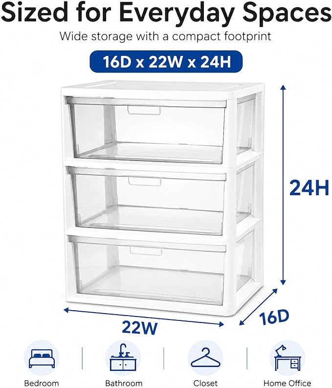 3 Drawer Plastic Storage Tower Wide Organizer for Closet Bedroom (White) | Stackable wide drawers for clothes, toys and crafts. Durable see-through plastic provides quick visibility.