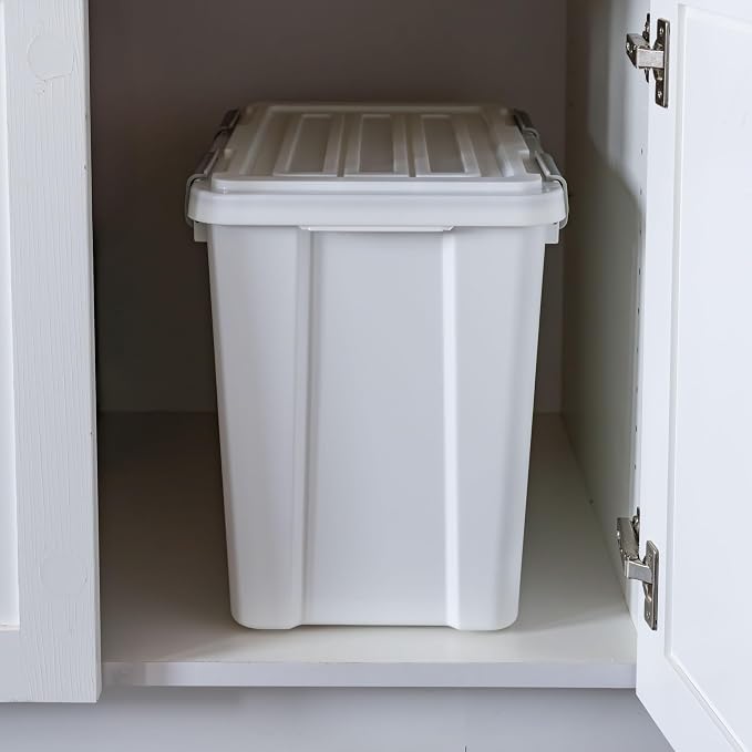 IRIS USA Dog Food Storage Container, Up to 30 lbs, White, Made in USA | Includes 2-Cup Sccop, Stacklable, BPA-Free, 4 Secure Latches, Bird Seed, Chicken Feed, Pellets, Camping