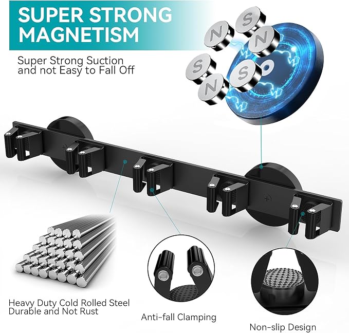 Magnetic Mop Broom Holder, Strong Non Slip Magnetic Broom Mop Hanger, Heavy Duty Magnetic Hooks for Hanging Shovel Rake Tools, Wall Mounted Utility Storage Magnet Rack (5 Rack)