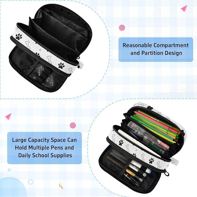 Pet Valentines Paw White print Large Capacity Pencil Case with Zipper Water Resistant Portable Organizer Pen Bag for Students Office School