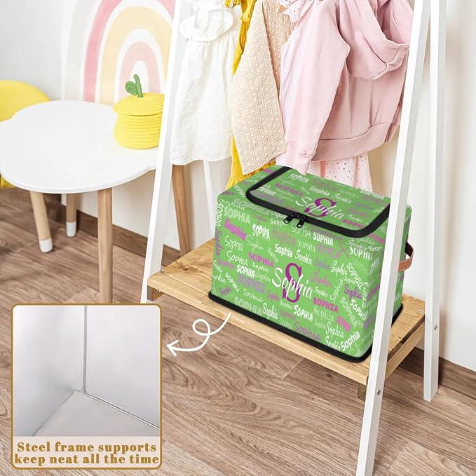 Custom Storage Baskets for Kids with Name, Light Grass Green Background Large Foldable Organizer Collapsible Storage Bin with Zipper Lid Leather Handle for Home Toys Closet Nursery