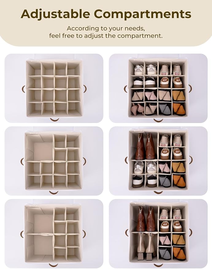 StorageWorks 16-Pair Fabric Shoe Storage Box for Closet, Brown and White | Adjustable Dividers, Holds up to 16 Pairs, Foldable, Clear Lid, Soft Handles, Fits Sneakers, Sandals & Flats, For Mudroom