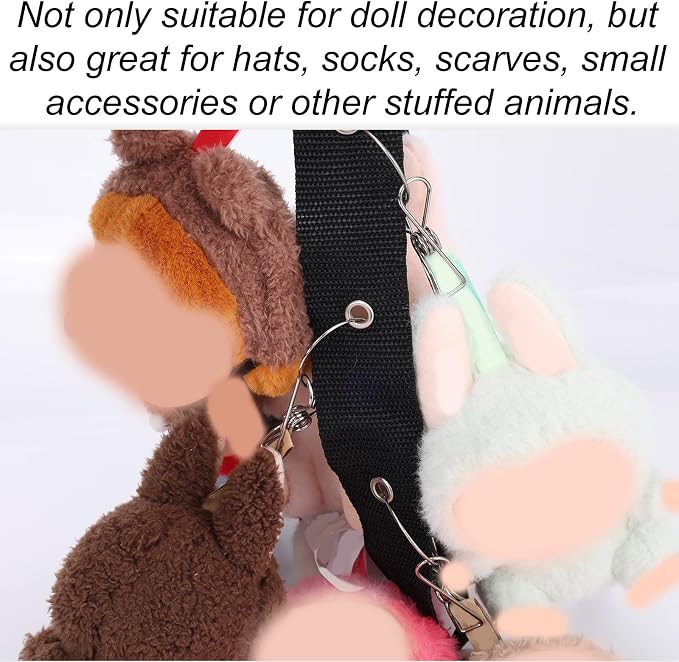2pcs Stuffed Animal Storage Chain, Plush Toy Hanging Display Strap with 8 Metal Clips Wall & Over Door Organizer Holder for 5.9-6.69in or Hats Scarf Nursery Playroom Decor (Black)