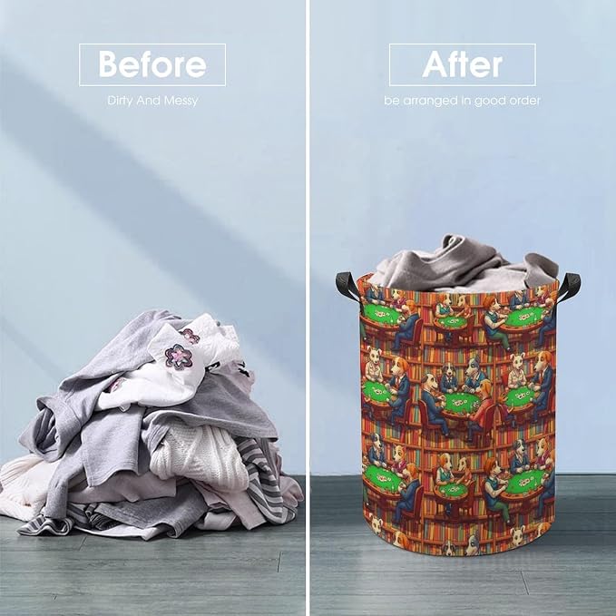 Waterproof Laundry Hamper with Handles Dogs Playing Poker Cards Library, Collapsible Basket for Clothing, Toy, and Towel Organization in Home and Nursery