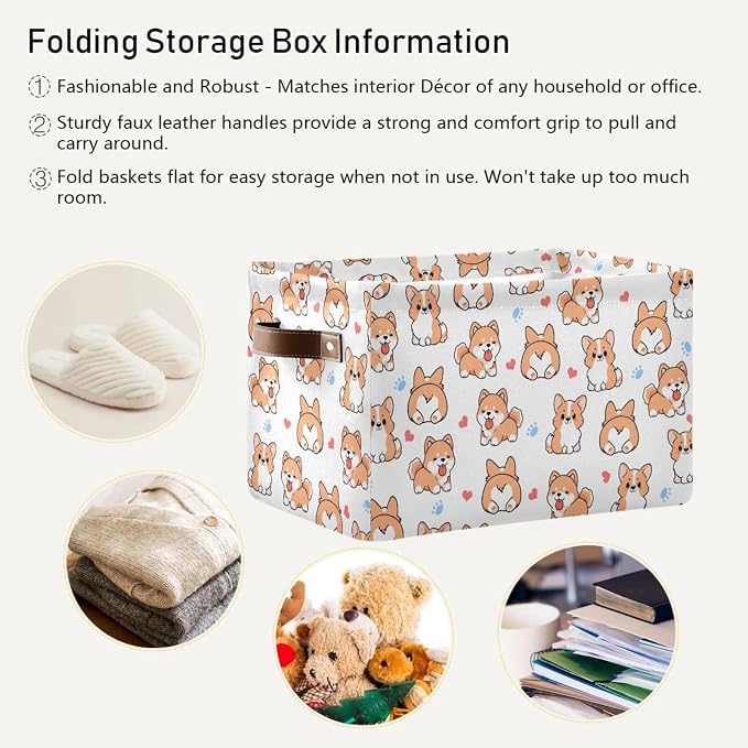Didi & Hosa Storage Basket Cube Corgi Collapsible Toys Shelf Baskets Bin with Handle Laundry Organizer Storage Box for Home School & Office