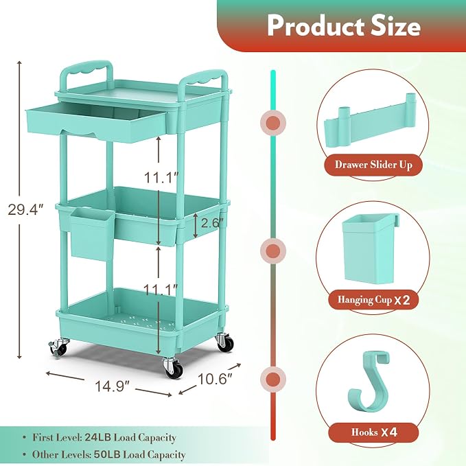 SUNALLY Makeup Cart Organizer with Drawer, 3 Tier Rolling Makeup Cart, Blue | Rolling Vanity Storage for Skin Care Perfume Nail Polish, Floor Skincare Organizers Cosmetics Display Bathroom Storage Cart