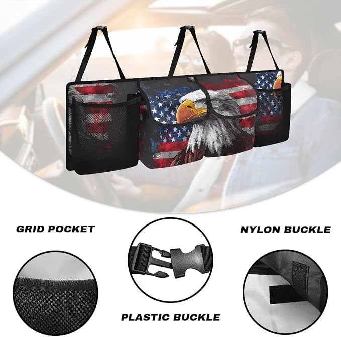 Dreaweet American Flag Bald Eagle Trunk Organizer for Car with Pockets Collapsible Trunk Organizer for SUV Trucks Sedan Van Patriotic Car Accessories Interior Back Seat Hanging Storage Organizers