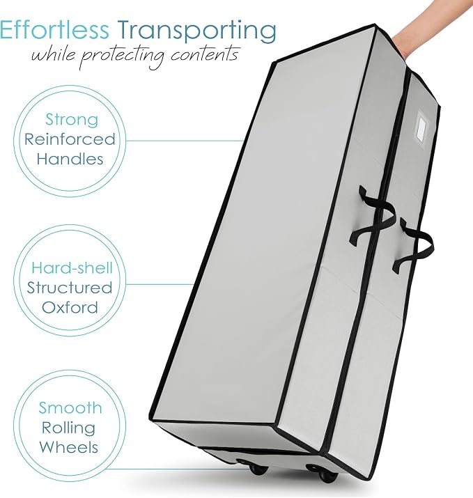 Hearth & Harbor Wrapping Paper Storage Container with Ribbon Dispenser and Interior Pockets - Large Christmas Storage Containers with Wheels, Fits 30 Rolls of 40" Length, Silver