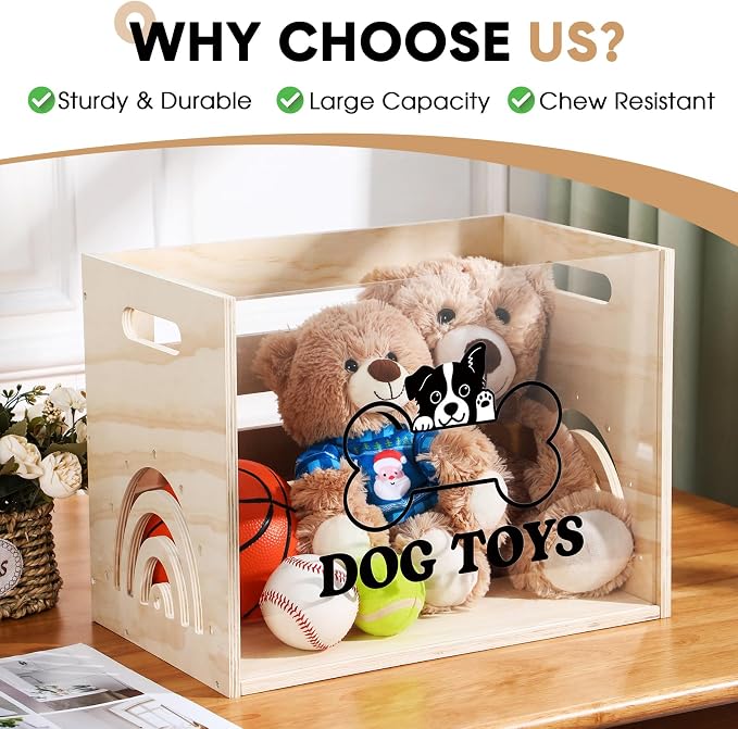 Beeveer Large Dog Toy Basket Dog Toy Box Wooden Storage Bin with Acrylic Board Storage Box for Puppy Toys Pet Food and Accessories Organizer Holder Basket for Living Room Area(Wood, Dog)