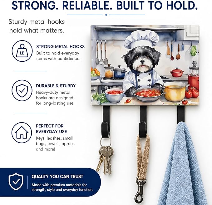 Caroline's Treasures Havanese The Chef Leash or Key Holder Wall Hooks, Key Hooks Holder, Coat Rack Wall Mount, Coat Hooks, Hooks for Hanging Keys, Towels, Aprons, Leashes | Havanese The Chef artwork on ceramic tile with three steel hooks for keys, leas...